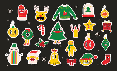 Vector set of christmas stickers. Hand drawing winter background with fir tree, Christmas ornaments, stars and snowflakes. Holiday poster with Christmas symbols.