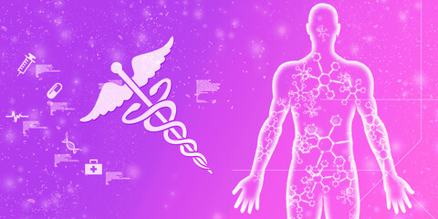 2d illustration caduceus medical symbol with human male muscle body
