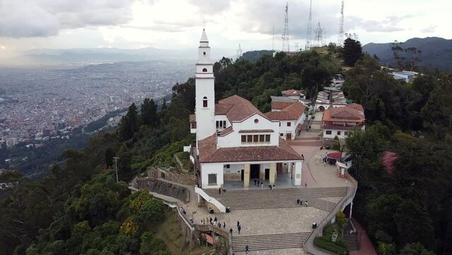 Cerro Monserrate church in  Bogota 'capital of Colombia in South America - Drone aerial view of religious sanctuary that is part of the Camino de Santiago de Compostela