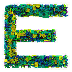 Letter E made of small iridescent letters z, 3d rendering