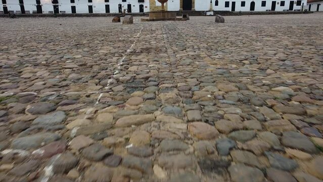 Drone aerial view of Villa de Leyva ,  Boyac&aacute;, Colombia. The colonial city with stone-paved streets and the Plaza Mayor the second largest square in South America