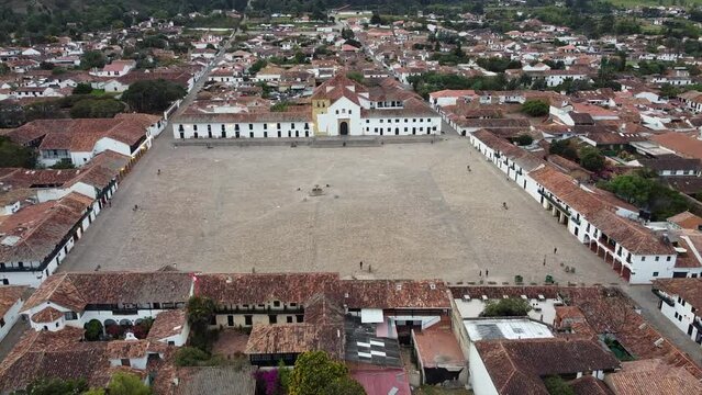 Drone aerial view of Villa de Leyva ,  Boyac&aacute;, Colombia. The colonial city with stone-paved streets and the Plaza Mayor the second largest square in South America