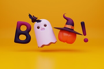 3d rendering cute Halloween greeting cartoon illustration with pumpkins