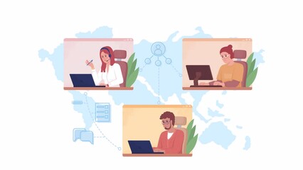 Animated isolated remote workforce. Looped flat 2D characters 4k video footage with alpha channel. Staying connected with international colleagues. Colorful illustration for mobile, website, animation