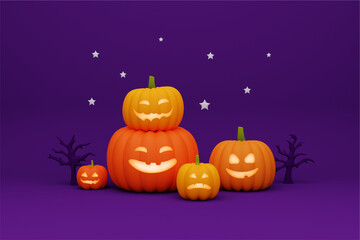 3d rendering cute Halloween greeting cartoon illustration with pumpkins