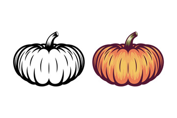 Vector Autumn Black and White and Colored Pumpkin Icon Set with Outline. Design Template, Clipart for Halloween Invitations, Cards, Prints, Web