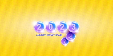 2023 Happy new year horizontal web banner background and 2023 greeting card, cover with text. vector 2023 new year sticker, label, icon, logo and badge isolated on stylish orange modern background