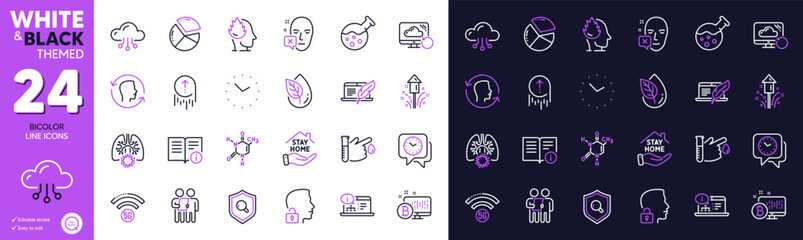 Chemistry lab, Unlock system and Technical info line icons for website, printing. Collection of Inspect, Blood donation, Online documentation icons. Stay home, Cloud computing. Vector