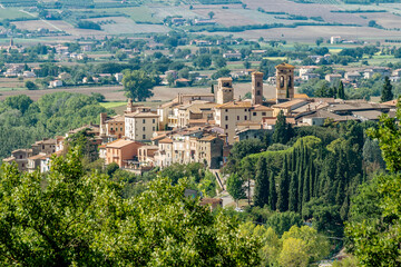 Panoramic aerial view of Deruta, Perugia, Italy, on a sunny day
