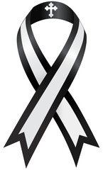 Mourning ribbon with cross, black awareness ribbon. Mourning, RIP and melanoma symbol. 
