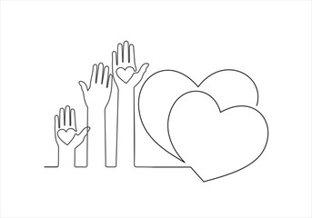 Obraz premium Hands and hearts. Raised hands volunteering concept continuous one line drawing minimalism design isolated on white background.