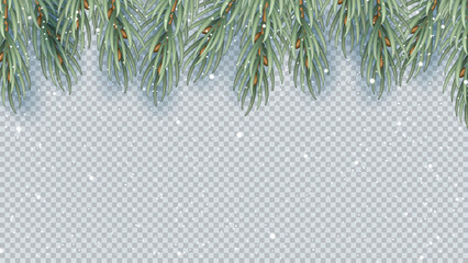 Christmas border isolated on checkered background. Christmas, New Year or winter border with realistic fir tree or pine branches. 3d vector illustration. - obrazy, fototapety, plakaty