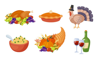 Set of colorful elements for Thanksgiving day design. Traditional Thanksgiving dinner. Cartoon style vector illustration