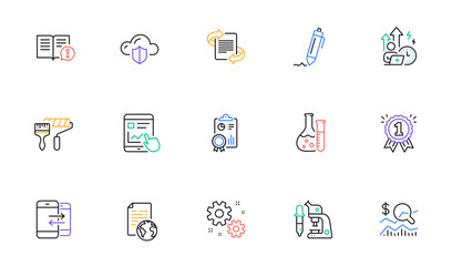 Check investment, Facts and Work line icons for website, printing. Collection of Difficult stress, Reward, Cloud protection icons. Internet document, Paint roller, Internet report web elements. Vector