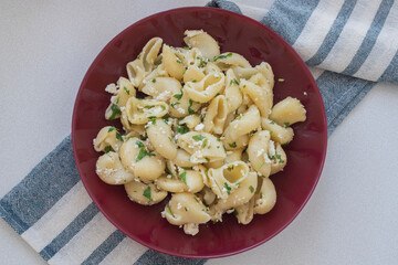 Pasta with cheese in a white plate. Italian Popular Italian food.