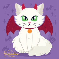 Isolated cute white cat with a halloween demon costume Vector