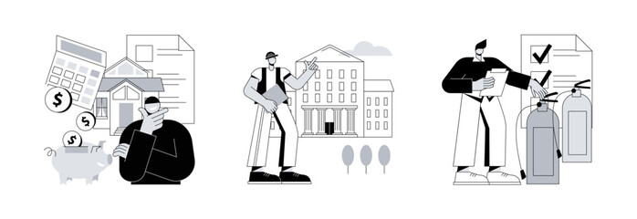 Building maintenance abstract concept vector illustration set. Estate planning, public building, fire inspection, modern design, attorney advise, certification and requirements abstract metaphor.