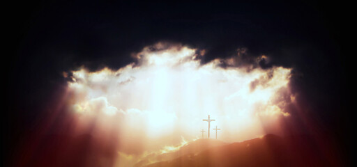 Light and ray of light shining through the sky and clouds on Golgotha Hill The background of the holy cross symbolizing the death and resurrection of Jesus

