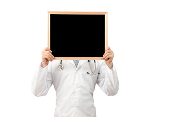 Medical services. Portrait of a young doctor with a stethoscope. Doctor showing mock up empty signboard. Medical Concept. Copy space.