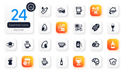 Set of Food and drink flat icons. Food app, Wineglass and Alcohol addiction elements for web application. Doppio, Peanut, Water bottle icons. Wine glass, Croissant, Coffee cup elements. Vector