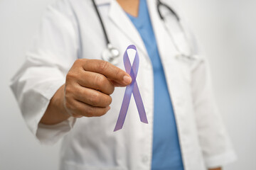 Asian woman doctor with purple ribbon, sign of Alzheimer disease day, Pancreatic cancer, Epilepsy,...