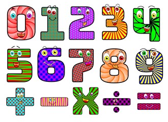 Cute and funny colorful number cartoon characters set, cartoon illustration. One, two, three, four, five, six, seven, eight, nine, zero. Smiling characters, math symbols.