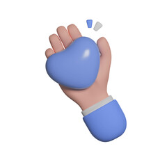 Valentine's Day icon. Cartoon character hand holding blue heart. Business or medical clip art isolated on blue background. 3d rendering illustration