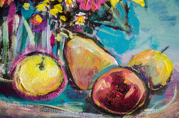 Still life with apples and a pear, photo fragment. Acrylic painting fruits.