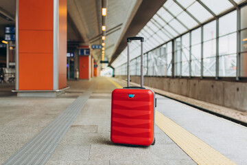 Forgotten travel bag on the train station. Red suitcase on empty station platform. Travel and vacation theme background. Travel banner