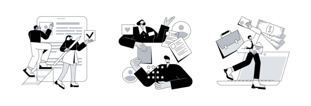 Employment process abstract concept vector illustration set. Resume writing service, job interview, job offer, CV online, cover letter, candidate profile, recruiter, hiring manager abstract metaphor.