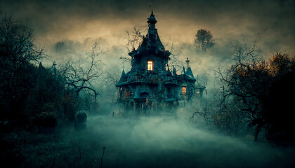 Digital art of a haunted house in a foggy forest at Halloween. - obrazy, fototapety, plakaty