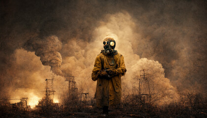 Post apocalyptic survivor in gas mask. Environmental disaster, armageddon concept.Digital art.