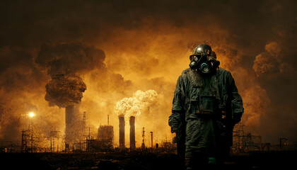 Post apocalyptic survivor in gas mask. Environmental disaster, armageddon concept.Digital art. - obrazy, fototapety, plakaty