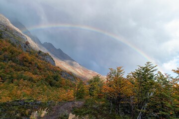 Fototapeta premium Beautiful rainbow in autumn, Torres del Paine National Park, Chile