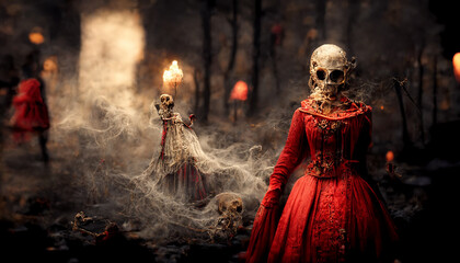 Fototapeta premium Scary ghost woman in the night with torches. Digital art