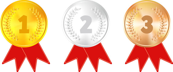 Set of vector award medals golden, silver and bronze isolated on white background. Winner medal with red ribbon icon. Championship award. Achievement, victory concept.
