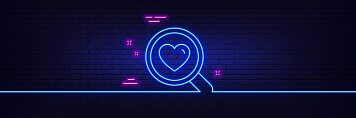 Neon light glow effect. Love dating line icon. Search relationships sign. Valentines day symbol. 3d line neon glow icon. Brick wall banner. Search love outline. Vector - obrazy, fototapety, plakaty