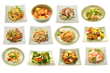 Set of assorted Asian food and Thai food isolated on white background.
