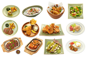 Set of assorted Asian food, Western food and Thai food isolated on white background.