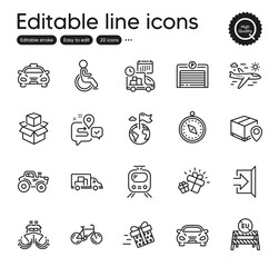 Set of Transportation outline icons. Contains icons as Exit, Bicycle and Parcel tracking elements. Tractor, Gift, Delivery web signs. Ship, Taxi, Train elements. Journey, Disability. Vector