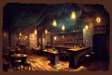 Dark and moody underground dungeons and dragons concept art fantasy tavern inn interior, warm glow. Digital painting - obrazy, fototapety, plakaty
