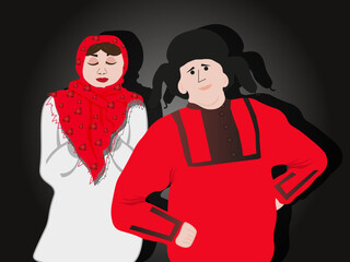 Russian people in national costumes on a black style background. Russian man in a red shirt and a hat with earflaps and a Russian woman in a headscarf with flowers pattern and a dress with shadows.