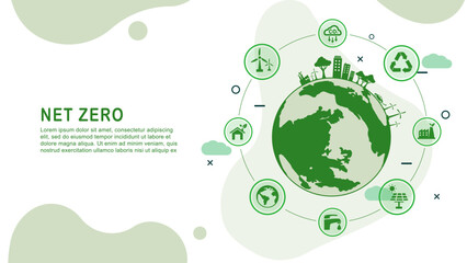 Fototapeta Net zero and carbon neutral concept. Net zero greenhouse gas emissions target. Climate neutral long term strategy with green net zero icon and green icon on green circles green world background.	
 obraz