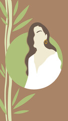 Portrait of  beautiful girl with long brown hair in round shape. Vector illustration. Avatar for beauty industry. Fashion model female, portrait. Face icon. Woman characters. Stylish people