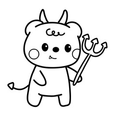 Halloween cartoon cute bear devil  outline illustration for coloring page 