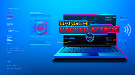 Attention! Attack. Danger for your computer. Laptop with hacking danger screen. Track down hacker attack on your computer. Protecting personal data computer from the threat of hacking