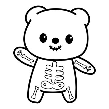 Halloween cartoon cute skeleton bear  outline illustration for coloring page 
