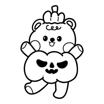 Halloween cartoon cute  bear  pumpkins outline illustration for coloring page 