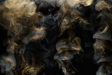 Golden sparkling abstract background, luxury black smoke, acrylic paint underwater explosion, cosmic swirling ink © amixstudio