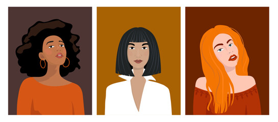 A set of vector illustrations of face design. Abstract portrait of a woman. The concept of beauty and diversity. For postcards, posters, brochures, cover design, web. Avatar for a social network.